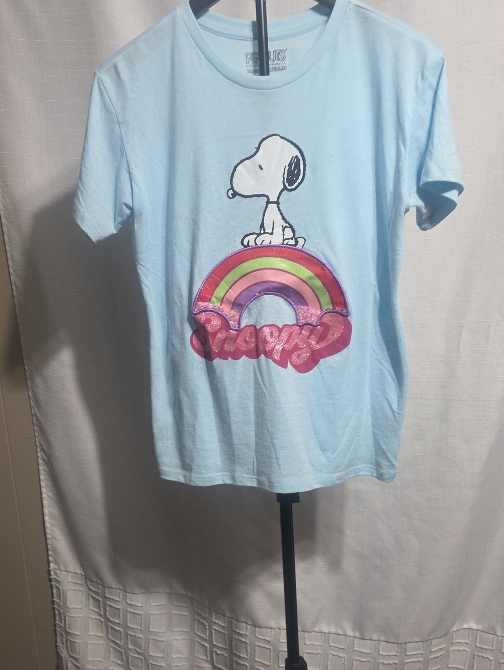 Peanuts Light Blue Tee with Snoopy & Rainbow Graphic